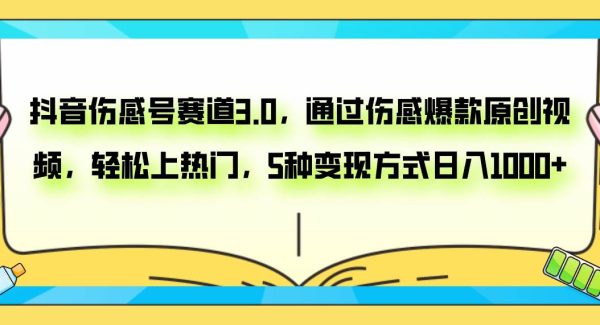 抖音伤感号赛道3.0，通过伤感爆款原创视频，轻松上热门，5种变现日入1000